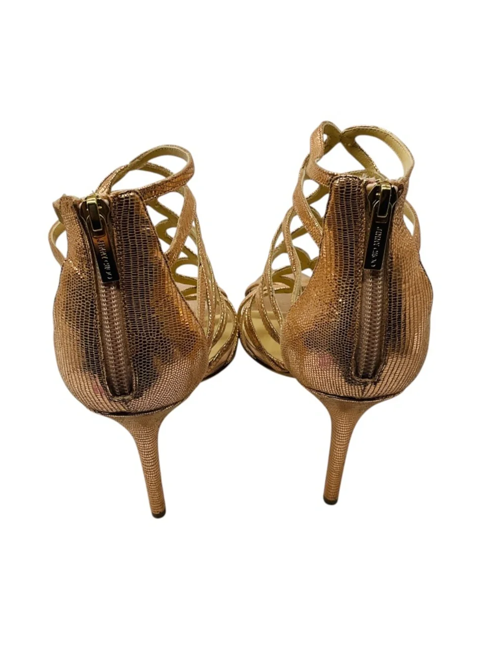 JIMMY CHOO ROSE GOLD METALLIC FIESTA LIZARD PRINT CAGED SANDALS - Picture 5 of 7